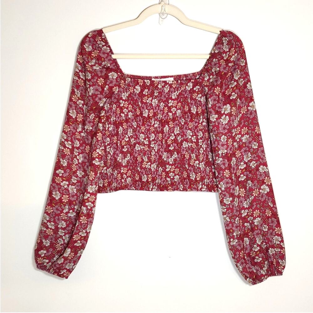 Pink Rose‎ Floral Smocked Crop Top Long Sleeve Milkmaid Boho M